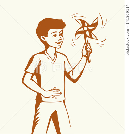 Vector drawing. A boy with a wind toy Vector drawing. A boy with a wind toy 141569114
