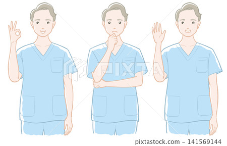 一組身穿手術服的男護士的彩色姿勢照片。 一組身穿手術服的男護士的彩色姿勢照片。 141569144