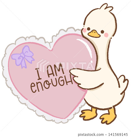 Cute Kawaii Long Neck Goose Holding Heart Pillow with I Am Enough Self Love Affirmation Pastel Clipart Illustration 141569145