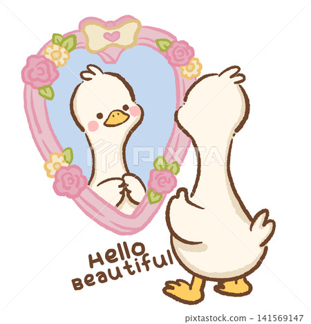 Cute Kawaii Long Neck Goose Looking in a Floral Mirror with Hello Beautiful Self Love Affirmation Pastel Clipart Illustration Cute Kawaii Long Neck Goose Looking in a Floral Mirror with Hello Beautiful Self Love Affirmation Pastel Clipart Illustration 141569147