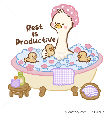 Cute Kawaii Long Neck Goose Relaxing in a Bubble Bath with Ducklings Rest Is Productive Self Care Spa Pastel Illustration Cute Kawaii Long Neck Goose Relaxing in a Bubble Bath with Ducklings Rest Is Productive Self Care Spa Pastel Illustration 141569148