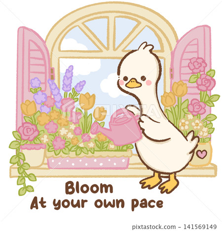 Cute Kawaii Long Neck Goose Watering Spring Flowers at Cottage Window with Bloom at Your Own Pace Self Care Garden Pastel Clipart Cute Kawaii Long Neck Goose Watering Spring Flowers at Cottage Window with Bloom at Your Own Pace Self Care Garden Pastel Clipart 141569149