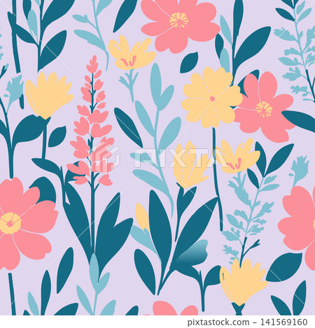 Vector seamless pattern featuring pink, yellow, and teal wildflowers on a soft lavender background. Ideal for spring textiles, fabric, and wallpaper. Vector seamless pattern featuring pink, yellow, and teal wildflowers on a soft lavender background. Ideal for spring textiles, fabric, and wallpaper. 141569160