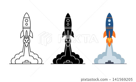 Rocket launch startup icon set outline silhouette and color vector isolated on white background Rocket launch startup icon set outline silhouette and color vector isolated on white background 141569205