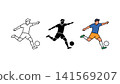 Soccer player kicking ball icon set outline silhouette and color vector isolated on white background 141569207