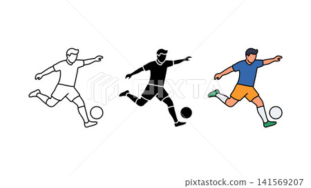 Soccer player kicking ball icon set outline silhouette and color vector isolated on white background Soccer player kicking ball icon set outline silhouette and color vector isolated on white background 141569207