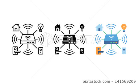 Smart home wifi router network icon set outline silhouette and color vector isolated on white background 141569209