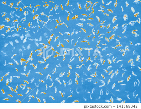 Hand-drawn watercolor abstract illustration. Small spots of blots are randomly scattered on a blue background. Hand-drawn watercolor abstract illustration. Small spots of blots are randomly scattered on a blue background. 141569342