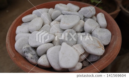 Terracotta pot tightly packed with smooth white rocks Terracotta pot tightly packed with smooth white rocks 141569604