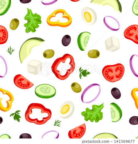Seamless pattern with vegetables. Fresh products for Greek salad. Mediterranean diet. Seamless pattern with vegetables. Fresh products for Greek salad. Mediterranean diet. 141569677