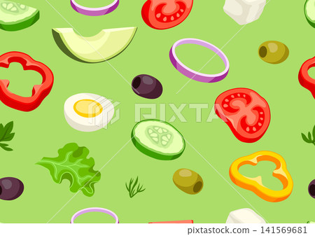 Pattern with vegetables. Fresh products for Greek salad. Mediterranean diet. 141569681