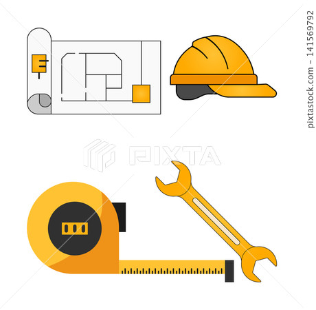 Architectural and maintenance tools including blueprint helmet wrench and tape Architectural and maintenance tools including blueprint helmet wrench and tape 141569792