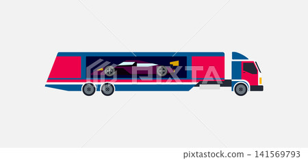 Red and blue flat illustration of a car hauler truck transporting a vehicle 141569793