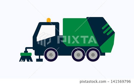 Green and dark blue street sweeper truck for urban cleaning services Green and dark blue street sweeper truck for urban cleaning services 141569796