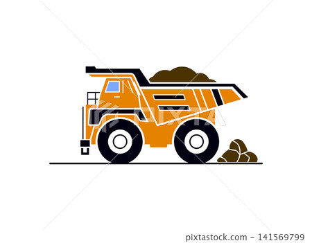 Side view illustration of a yellow heavy duty dump truck for construction Side view illustration of a yellow heavy duty dump truck for construction 141569799