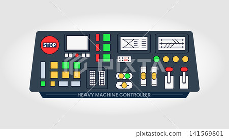 Industrial heavy machine control panel with emergency stop buttons and switches Industrial heavy machine control panel with emergency stop buttons and switches 141569801