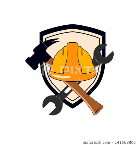Safety shield emblem with construction helmet hammer and wrench, construction Safety shield emblem with construction helmet hammer and wrench, construction 141569806