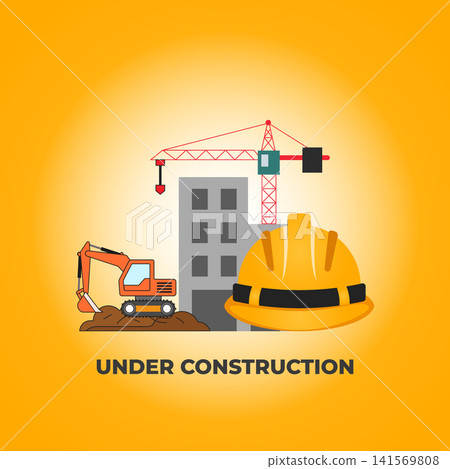 Under construction site concept with excavator crane and safety helmet, building 141569808