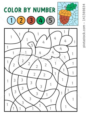 Vector forest color by number activity with acorn with leaf. Woodland or autumn black and white counting or colouring game, coloring page for kids with cute berry plant 141569834