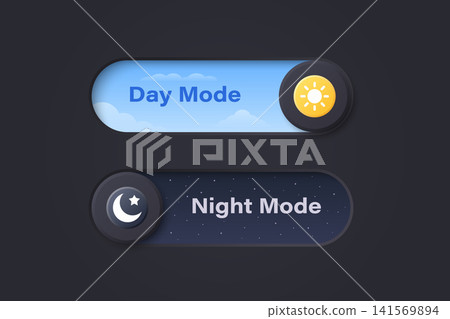 Vector 3d Day Mode and Night Mode Toggle Switch Set. Light and Dark Theme UI Buttons with Sun and Moon Icons. App Interface Control Element for Web and Mobile Design Vector 3d Day Mode and Night Mode Toggle Switch Set. Light and Dark Theme UI Buttons with Sun and Moon Icons. App Interface Control Element for Web and Mobile Design 141569894