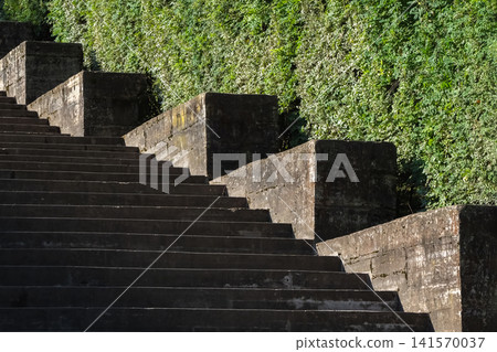 Stone steps rise upward, flanked by lush greenery 141570037