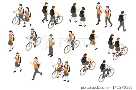 等距插圖:高中男生和女生(夏季校服)上下學。 等距插圖:高中男生和女生(夏季校服)上下學。 141570155