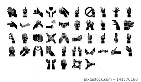 Hand gesture icon set featuring communication symbols, finger signs, teamwork, greeting, partnership, and human interaction elements in solid style. Suitable for apps, websites and social projects Hand gesture icon set featuring communication symbols, finger signs, teamwork, greeting, partnership, and human interaction elements in solid style. Suitable for apps, websites and social projects 141570160