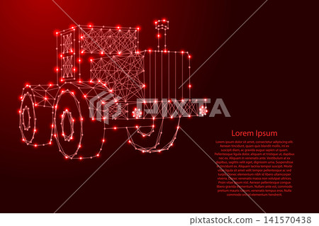 wheeled tractor from futuristic polygonal red lines and glowing stars for banner, poster, greeting card wheeled tractor from futuristic polygonal red lines and glowing stars for banner, poster, greeting card 141570438