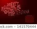 combine harvester from futuristic polygonal red lines and glowing stars for banner, poster, greeting card 141570444