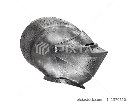 Medieval decorated metal knight helmet isolated on white background with clipping path Medieval decorated metal knight helmet isolated on white background with clipping path 141570530