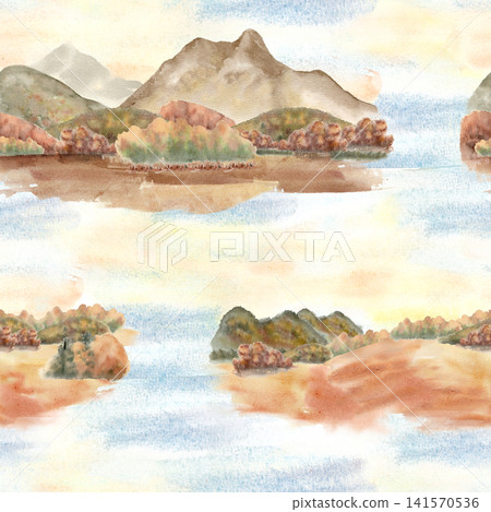 Mountains and trees view watercolor seamless pattern. Autumn season landscape with rocks, field and sand in warm soft colors. Repeat design with nature wilderness scenery. River valley background. Mountains and trees view watercolor seamless pattern. Autumn season landscape with rocks, field and sand in warm soft colors. Repeat design with nature wilderness scenery. River valley background. 141570536