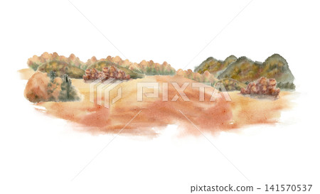 Watercolor painting of autumn landscape with golden hills and forest vista. Peaceful fall scenery background for seasonal design. Hand drawn nature illustration soft tone isolated on white background. Watercolor painting of autumn landscape with golden hills and forest vista. Peaceful fall scenery background for seasonal design. Hand drawn nature illustration soft tone isolated on white background. 141570537