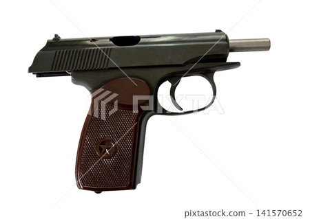 Classic handgun with slide mechanism locked back in open position Classic handgun with slide mechanism locked back in open position 141570652