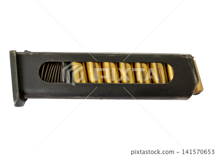 Loaded handgun ammunition magazine isolated on white background Loaded handgun ammunition magazine isolated on white background 141570653
