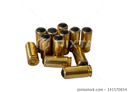 Group of non lethal handgun cartridges with rubber bullets isolated on white Group of non lethal handgun cartridges with rubber bullets isolated on white 141570654