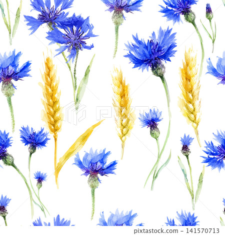Seamless vintage floral pattern watercolor wheat ears Cornflower Hand drawn. Not AI, vector illustration. Seamless vintage floral pattern watercolor wheat ears Cornflower Hand drawn. Not AI, vector illustration. 141570713