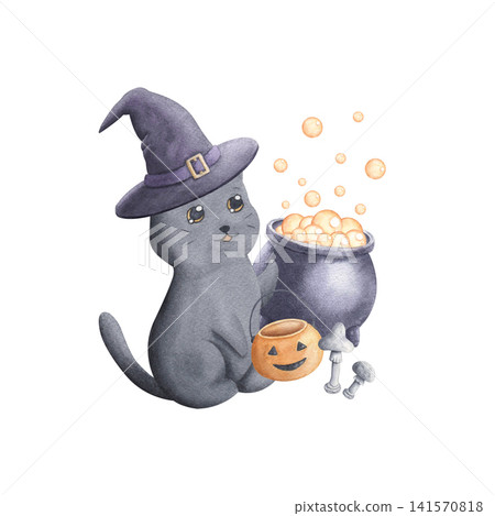 Kitty in witch hat with boiling cauldron, basket and mushrooms isolated on white background. Hand drawn watercolor illustration of adorable kitten with festive items. Perfect for nursery decor Kitty in witch hat with boiling cauldron, basket and mushrooms isolated on white background. Hand drawn watercolor illustration of adorable kitten with festive items. Perfect for nursery decor 141570818