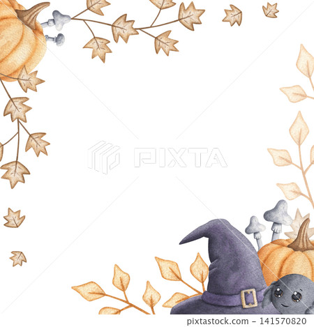 Template with purple witch hat, pumpkin, autumn branches and cute little spider watercolor hand drawn illustration isolated on white background.Festive frame for Halloween invitation and greeting card Template with purple witch hat, pumpkin, autumn branches and cute little spider watercolor hand drawn illustration isolated on white background.Festive frame for Halloween invitation and greeting card 141570820