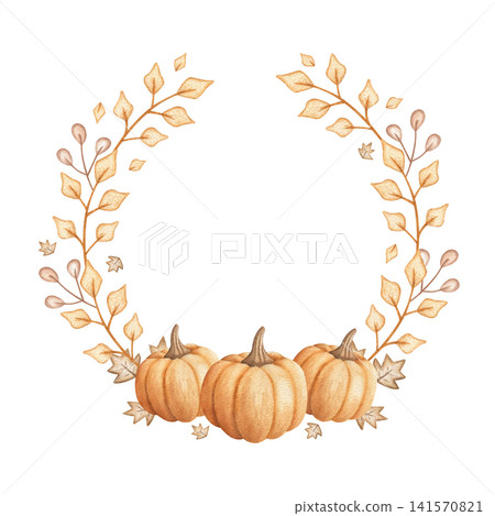 Wreath with pumpkins and autumn branches watercolor hand drawn illustration isolated on white background. Festive frame in soft and warm colors for Halloween invitation and greeting cards Wreath with pumpkins and autumn branches watercolor hand drawn illustration isolated on white background. Festive frame in soft and warm colors for Halloween invitation and greeting cards 141570821