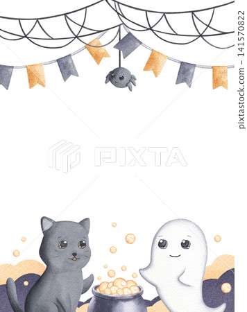 Frame with cat and ghost with boiling potion, hanging web and flags watercolor hand drawn illustration isolated on white background. Template with festive cute characters for party invitation Frame with cat and ghost with boiling potion, hanging web and flags watercolor hand drawn illustration isolated on white background. Template with festive cute characters for party invitation 141570822
