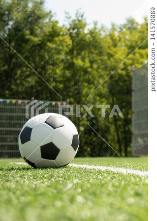 Soccer Ball on Field in Front of Goal Post Soccer Ball on Field in Front of Goal Post 141570889