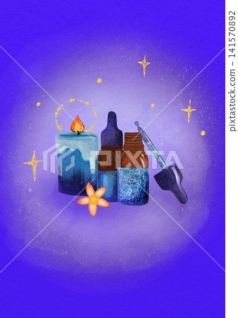 Digital illustration of essential oil bottles with a dropper, a burning candle, a flower on a purple background. Aromatherapy, wellness, relaxation. Digital illustration of essential oil bottles with a dropper, a burning candle, a flower on a purple background. Aromatherapy, wellness, relaxation. 141570892