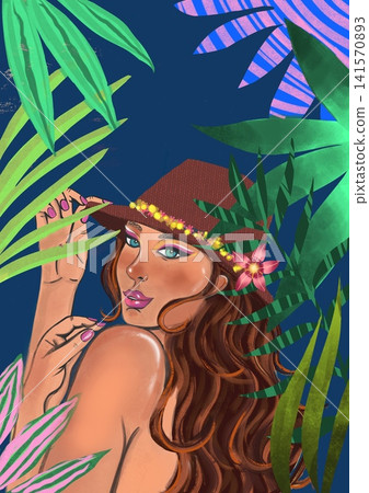 Digital illustration of a young woman with a hat looking back through tropical leaves. Jungle background, summer vacations. Digital illustration of a young woman with a hat looking back through tropical leaves. Jungle background, summer vacations. 141570893