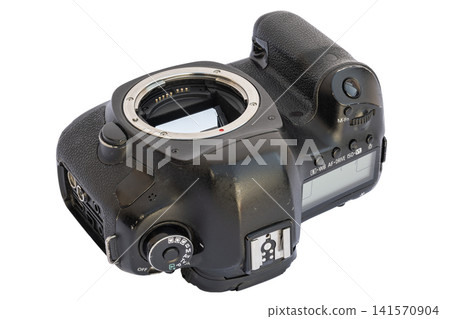 Black DSLR Camera Body Top View Isolated Black DSLR Camera Body Top View Isolated 141570904