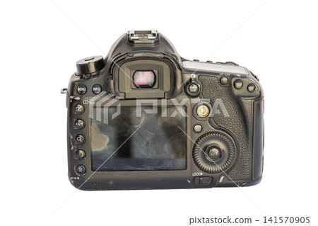 Close-up rear view of used digital SLR camera Close-up rear view of used digital SLR camera 141570905
