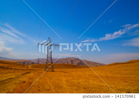 Electricity pylons in golden landscape under blue sky Electricity pylons in golden landscape under blue sky 141570961