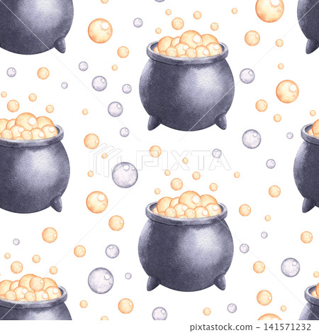 Seamless pattern with boiling cauldrons and bubbles watercolor illustration isolated on white background. Hand drawn backdrop with cartoon magic elements. Ideal for textile prints and packaging 141571232