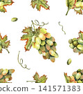 Watercolor green grapes seamless pattern. Hand-painted repeatable grapevine, fresh berries, green leaves isolated on white background for kitchen wallpapers, tablecloth, winery branding 141571383