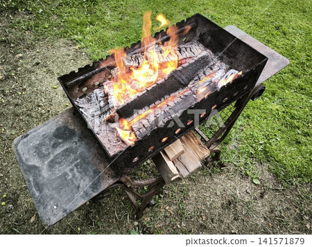 Flames above burning logs in a grill Flames above burning logs in a grill 141571879
