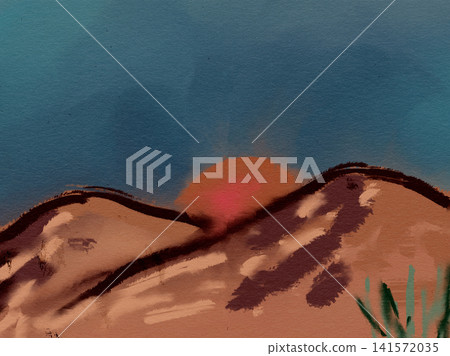 Hand painted desert sunset landscape with warm sand dunes, glowing sun, mountains, wild nature inspired by arid wilderness, southwestern scenery. 141572035